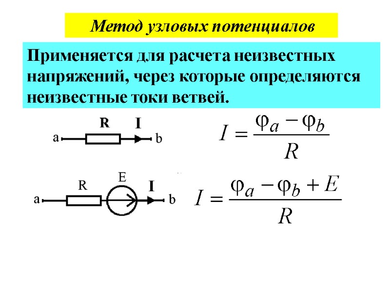 Метод узловых потенциалов Применяется для расчета неизвестных напряжений, через которые определяются неизвестные токи ветвей.